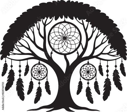 Silhouette of dreamcatcher tree design with symbolic connection and spiritual meaning