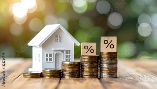 House and coins rise in wooden light—ritual of investment and rooted growth, where stacked percentages and sprouting green choreograph the emotional architecture of value, shelter, and financial rhyth