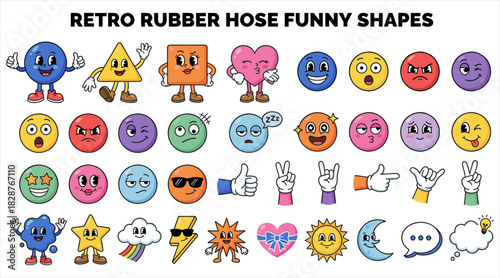 Big set of retro rubber hose cartoon characters, funny mascots, and expressive emoji faces collection.