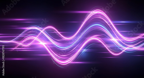 Dynamic abstract background with glowing neon light waves creating a futuristic sound or energy visualization on a dark backdrop, perfect for technology concepts