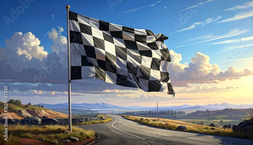 Checkered flag waves at winding road—ritual of closure and scenic momentum, where black-white pattern and sunset curve choreograph the emotional architecture of finale, endurance, and horizon-bound gr