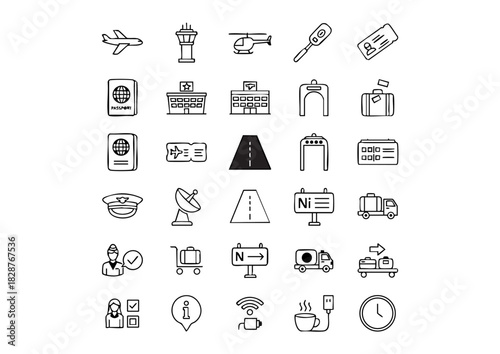 Global Travel Essentials: 25 Airport and Aviation Vector Icons, Black and White Flight Path: Modern Airport Line Icons, Terminal Transit: Comprehensive 25 Icon Set for Air Travel
