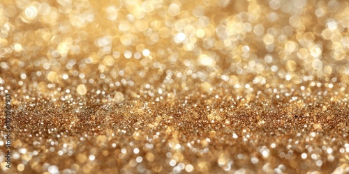 Soft focus gold glitter texture with bright bokeh circles creates a luxurious background.