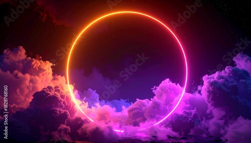 Neon ring floats in surreal sky—ritual of cosmic suspension and dreamlike reflection, where glowing light and mirrored clouds choreograph the emotional architecture of mystery, wonder, and transcenden