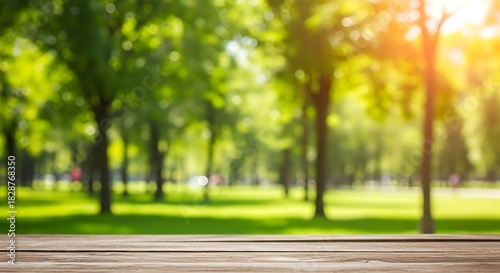 Fototapeta Naklejka Na Ścianę i Meble -  autumn park in the morning with wooden bench for product manipulation