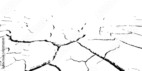Black and white cracked earth texture with bold fissures and dried soil patterns. Minimalist high-contrast design ideal for backgrounds, drought concepts, environmental themes, and abstract artwork.