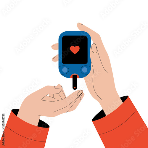 Hands holding glucometer for blood glucose check, diabetes health.