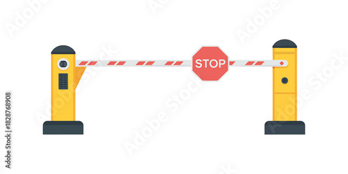 Automatic barrier gate with 'stop' sign on a white background