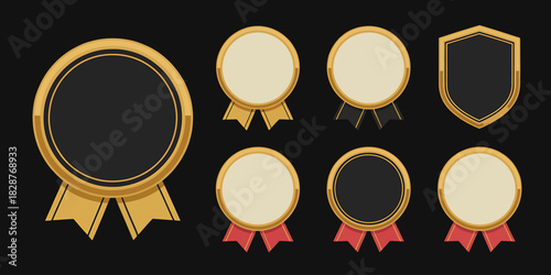 Set of elegant gold award badges with ribbons and shield design