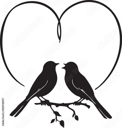Love Birds Silhouette Vector Illustration on Branch Heart Frame Romantic Wedding Valentine's Day Graphic