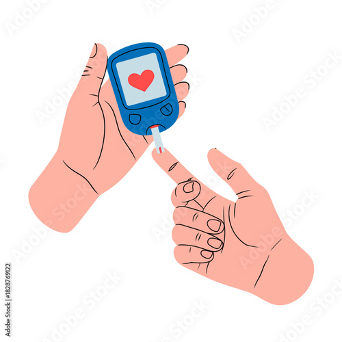Hands using a glucometer device for blood sugar level testing