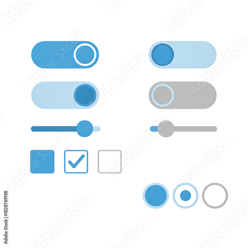 Set of UI elements including toggle switches, sliders, checkboxes, and radio buttons in blue and gray