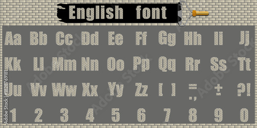 Creative English font.English letters, numbers and punctuation marks in the image of brickwork.Font for the construction business.