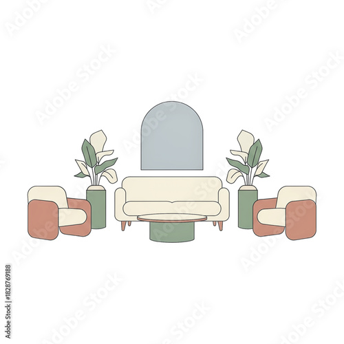 Modern Living Room Furniture Arrangement with Sofa, Chairs, and Plants