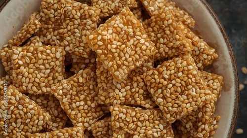 Close-up of crispy sesame chikki squares made with toasted sesame seeds and jaggery. The golden, textured surface highlights this traditional Indian sweet snack.