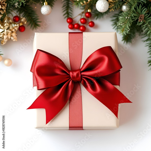 Christmas gift box wrapped in red paper with gold bow, isolated on white background