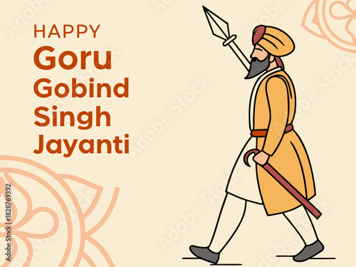 Happy Guru Gobind Singh Jayanti Illustration A Sikh Warrior with a Spear and Traditional Attire Celebrates the Auspicious Occasion