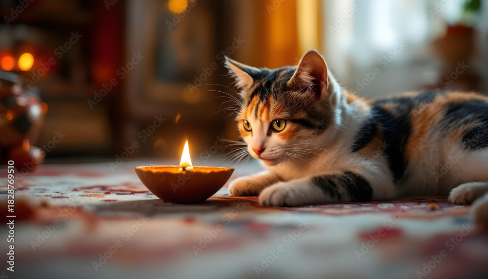 Fototapeta premium A cat curiously sniffing a lit Diya placed on the floor, cautious and playful