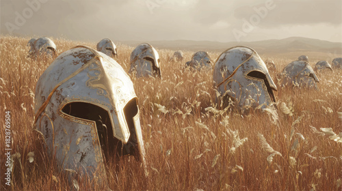 Field of Lost Glory Ancient Greek Helmets in Golden Wheat