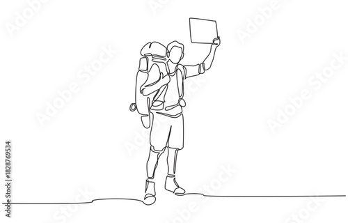 Continuous one line drawing of backpacker holding sign asking for hitchhike, single line art.