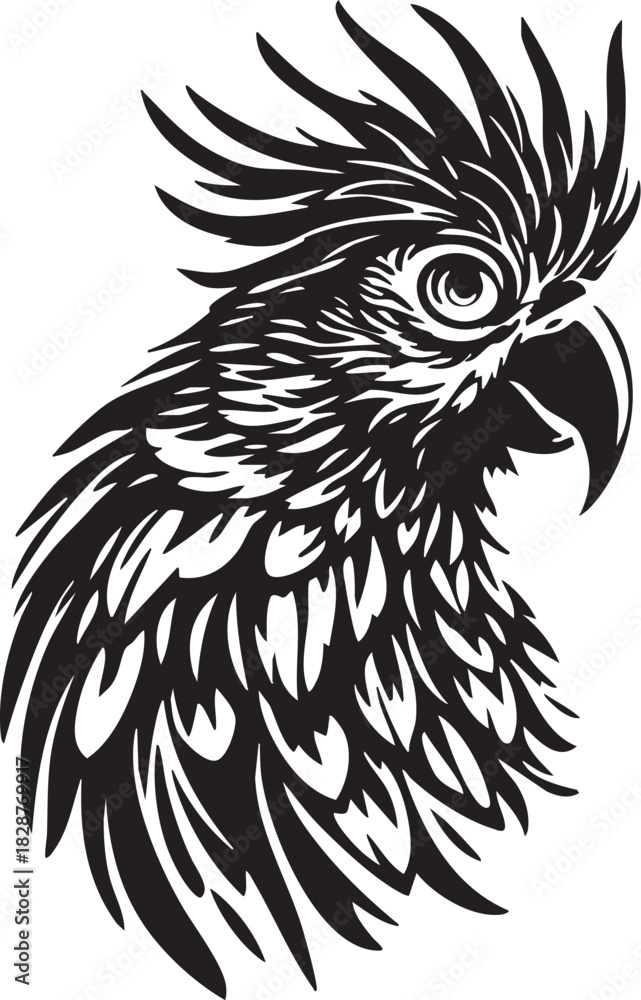 Fototapeta premium Cockatoo Parrot Head Profile Vector Illustration Tropical Bird Mascot Crest Exotic Wildlife Graphic Design