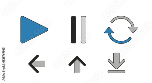 Essential navigation icon set for user interface design, featuring play, pause, refresh, back, forward, and download symbols for modern apps and websites