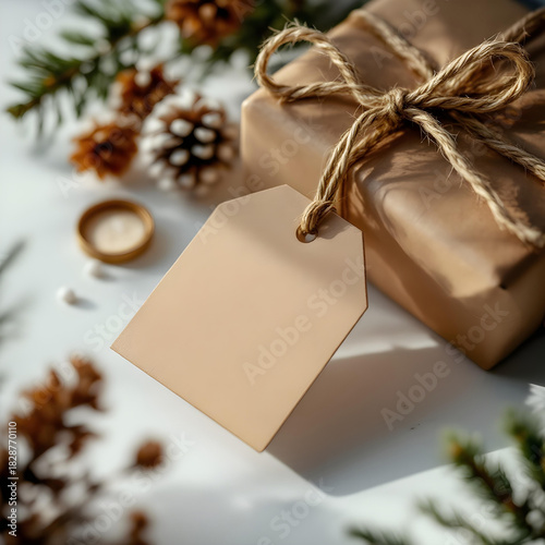A singal Holiday gift tag kraft paper with string, isolated on clean white