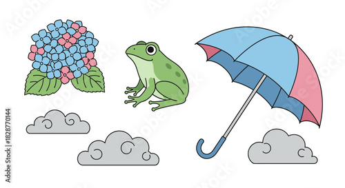 Delightful spring shower scene with cute frog, pastel umbrella, fluffy clouds, and pretty hydrangea blossoms adding cheer to a rainy day design