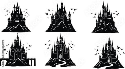Gothic castle silhouette illustration set, fantasy architecture, rocky base, flying birds, medieval theme, vector artwork, white background