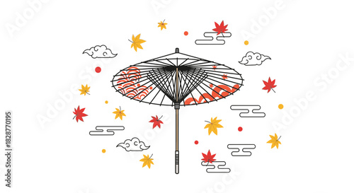 Elegant Japanese umbrella with maple leaves and clouds creates a peaceful autumn mood, perfect for cultural themes or artistic projects, originally from vector
