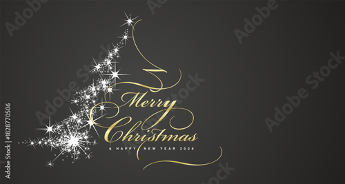 Merry Christmas and Happy New Year 2026 golden white light script calligraphy typography with glitter sparkle stardust in shape of Christmas tree black background greeting card