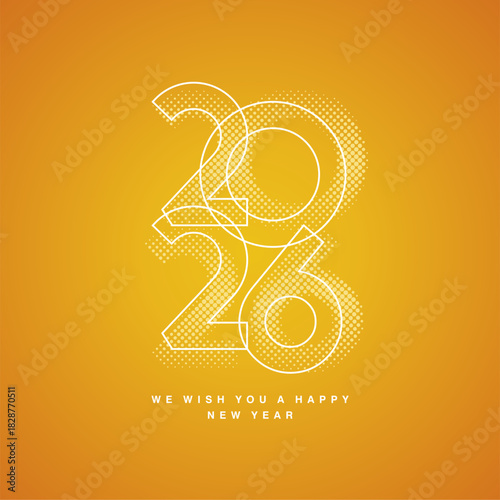 Happy New Year 2026 modern design light shining line design typography with color dotted halftone 2026 numbers logo icon on orange yellow background