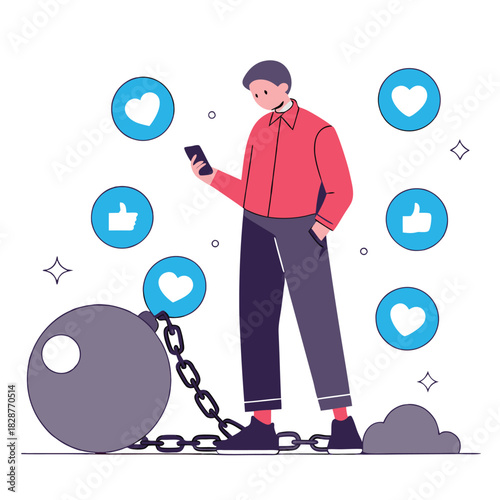Social Media Addiction Illustration Man Chained to Phone Surrounded by Likes Isolated on White Background