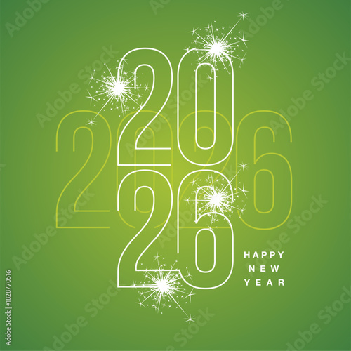 Happy New Year 2026 line green and white shining typography crossover with sparkle firework on green isolated background icon logo