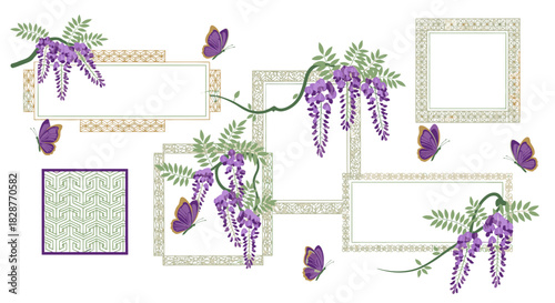 Elegant wisteria floral frame designs with butterflies, perfect for adding a touch of spring beauty to invitations, cards, announcements, and social media