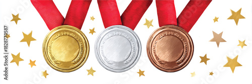 Gold Silver Bronze Medals with Red Ribbons and Star Decorations
