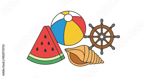 Feel the Summer Vibes with a Watermelon Slice, Beach Ball, Seashell, and Nautical Wheel for Your Creative Projects, Originally a Scalable Vector Graphic