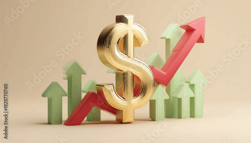 Golden dollar symbol with ascending arrows business investment and financial growth