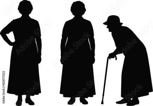 Elderly Woman Silhouettes in Varied Postures – Aging, Mobility, and Grace Depicted Through Minimalist Black Figure Illustrations