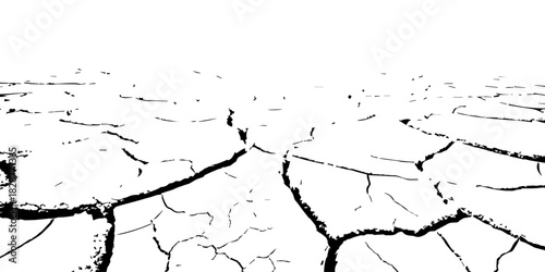 High-contrast black and white cracked earth texture with deep fissures and dried soil patterns. Ideal for environmental themes, drought concepts, abstract backgrounds, and graphic design elements.