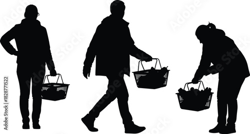 Shopping Silhouettes with Baskets – Everyday Consumer Actions Depicted in Minimalist Black Figures Showing Posture, Movement, and Interaction