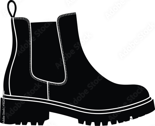 Classic Chelsea Boot Silhouette with Rugged Sole, Elastic Side Panels, Pull Tab, White Stitching, Minimalist Fashion Footwear Icon Design
