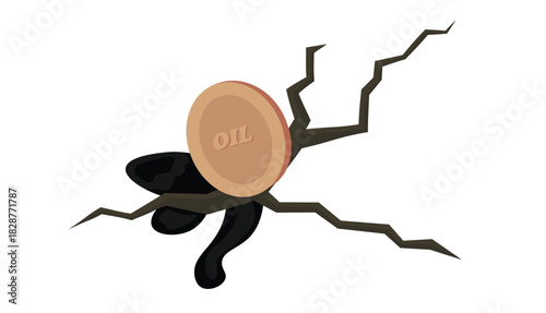 An oil coin causing cracks in the ground, symbolizing the crisis and environmental problems