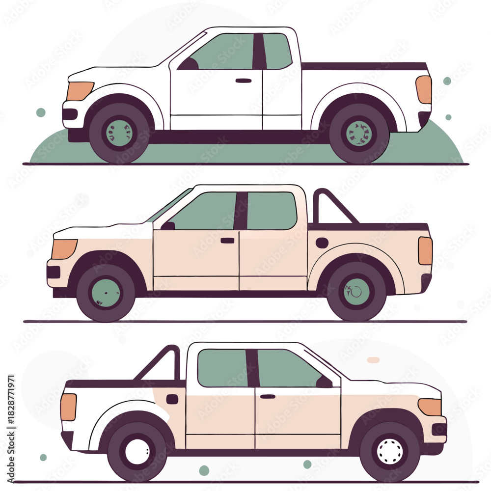 Naklejka premium Truck Collection Illustration Set of Light Pickup Vehicle Designs Isolated on White Background
