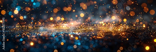 Panoramic view of abstract golden and blue bokeh lights on a dark background