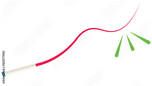 Dynamic Red Cable Arcing Across White Background with Green Spark Bursts and Blue End