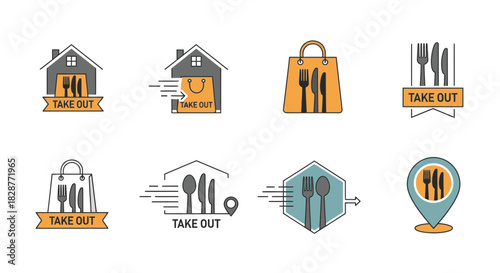 Convenient take out icons perfect for restaurant marketing, simple designs showcase food delivery and dining at home services, order now for easy meals