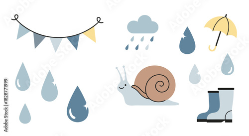 Celebrate rainy days with cute umbrella, snail, raindrops, and boots, perfect for kids' crafts and playful springtime designs, whimsical and cheerful
