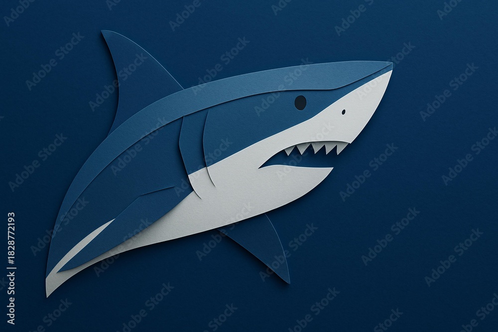 Fototapeta premium Intricate Paper Cut Shark Art Capturing the Beauty of Wildlife with a Vibrant Blue Background Celebrating Love for Nature and Marine Life