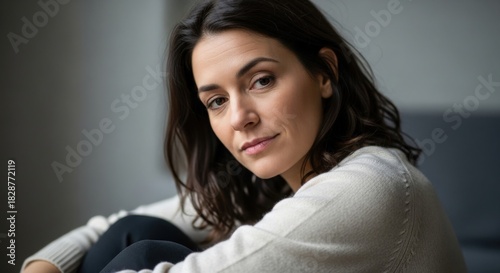 Authentic portrait of a serene woman looking at camera indoors